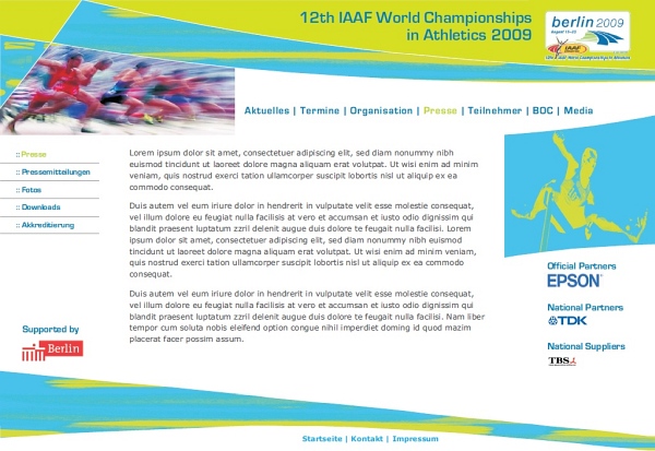 Webdesign für ein Internetportal des BOC (Leichtathletik Weltmeisterschaften Berlin 2009)