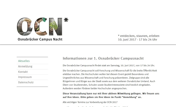 Website mit Datenmanagement zur 1. Osnabrücker Campusnacht