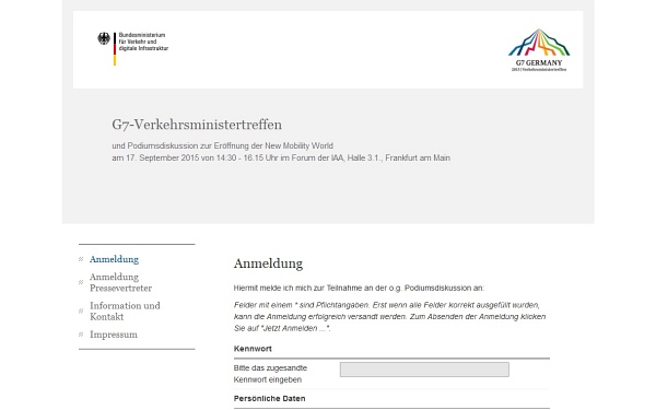 Website mit Registrierung und Datenmanagement für das G7-Verkehrsministertreffen (IAA 2015)