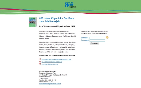 Online-Buchungssystem für den Köpenick Pass 2009
