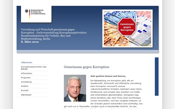 Internetauftritt mit Registrierung und Datenmanagement für die Fachveranstaltung Korruptionsprävention des BMVBS