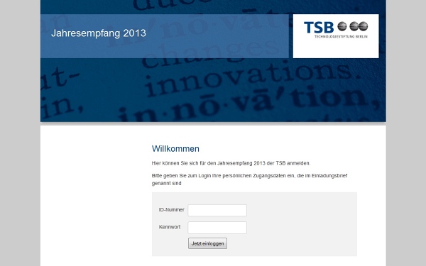 Internetauftritt mit Online-Registrierung für den Jahresempfang der TSB