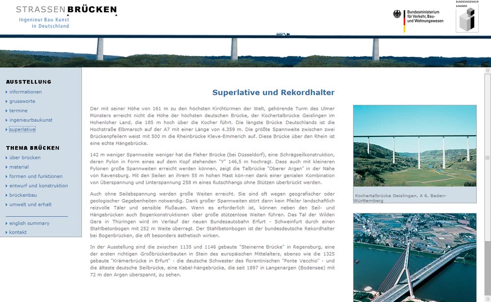 Screenshot 2: Internetauftritt zur Begleitung der Wanderausstellung "Strassenbrücken - IngenieurBauKunst in Deutschland".