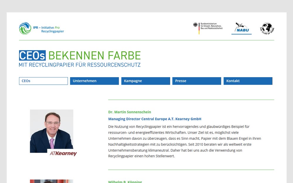 Screenshot 2: Relaunch der Kampagnenwebsite CEOs für Recyclingpapier mit Wordpress