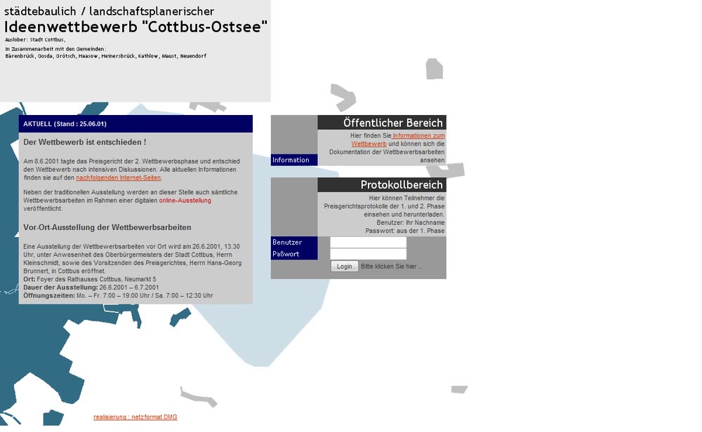 Screenshot 1: Internetportal zur Dokumentation und Begleitung des Wettbewerbs "Cottbus Ostsee".