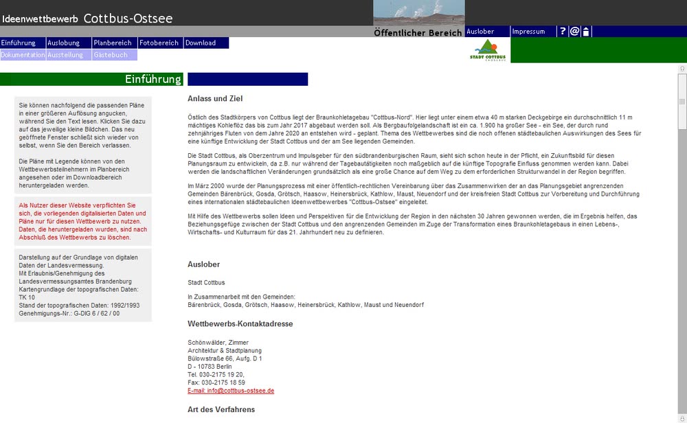 Screenshot 2: Internetportal zur Dokumentation und Begleitung des Wettbewerbs "Cottbus Ostsee".