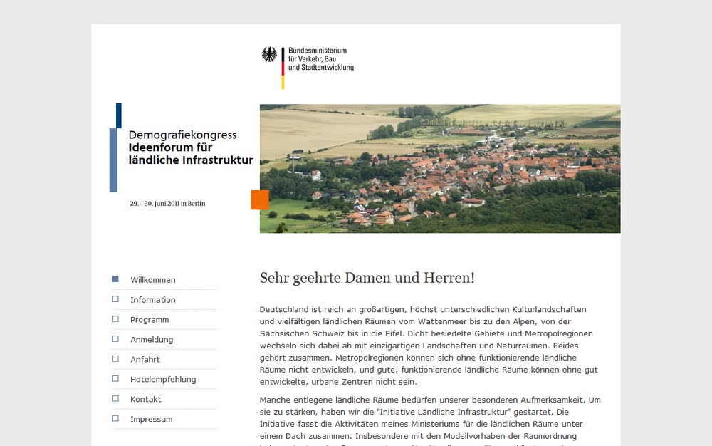Internetauftritt mit Online-Registrierung für einen Kongress des BMVBS