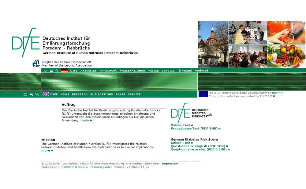 Internetauftritt zur Kommunikation  eines Forschungsinstitutes mit CMS