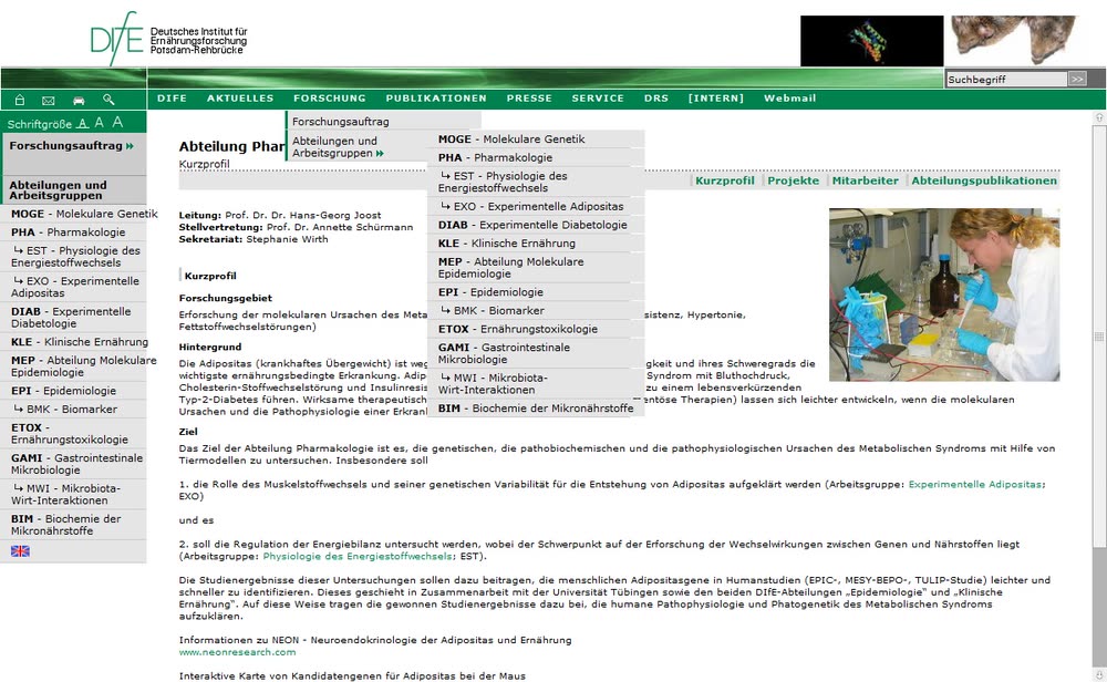 Screenshot 2: Internetauftritt zur Kommunikation  eines Forschungsinstitutes mit CMS