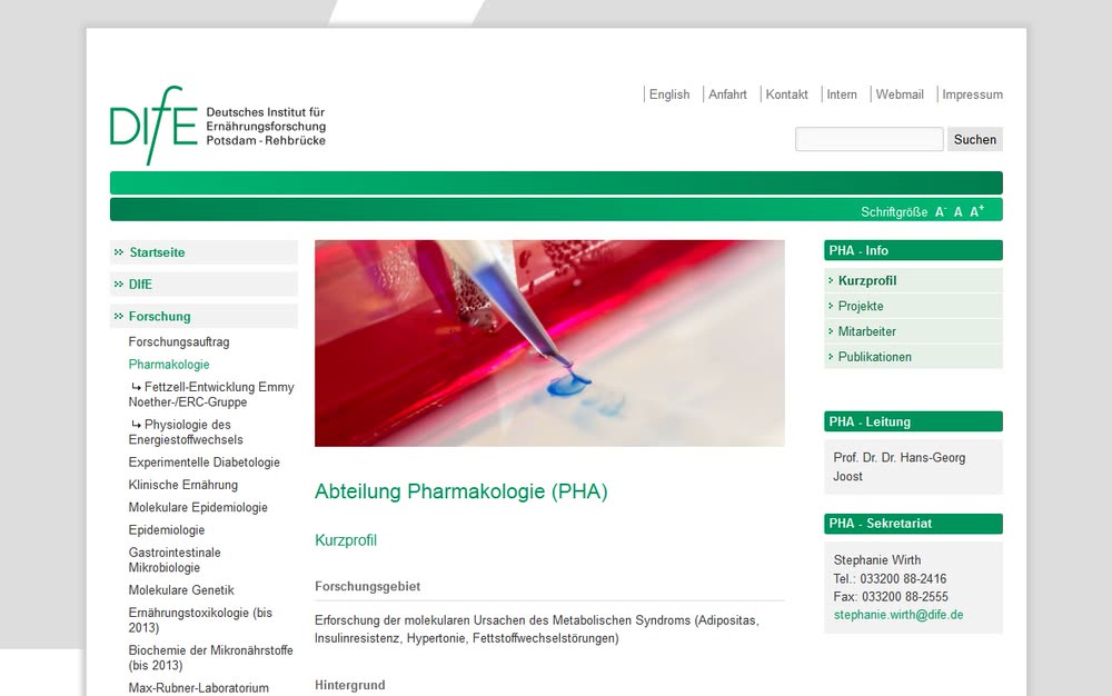 Screenshot 2: Relaunch Internetauftritt für das Forschungsinstitut DIfE mit Betreuung