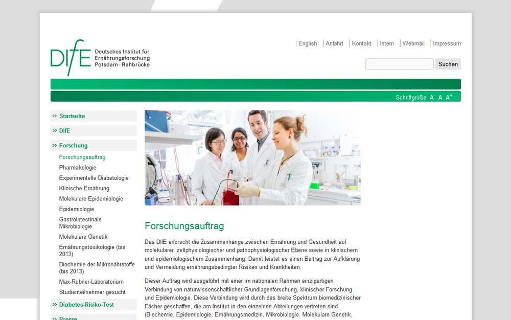 Screenshot 1: Relaunch Internetauftritt für das Forschungsinstitut DIfE mit Betreuung