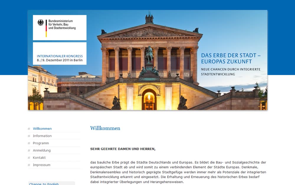Screenshot 2: Internetauftritt mit Registrierung und Datenmanagement für den Kongress "Das Erbe der Stadt" des BMVBS