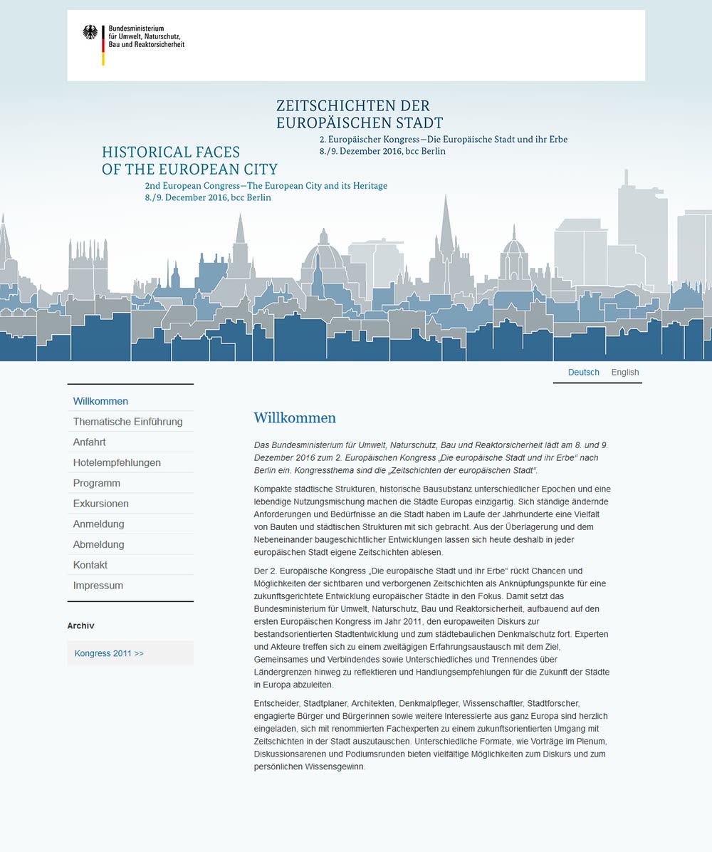 Screenshot 1: Internetauftritt mit Registrierung und Datenmanagement für den Kongress "Das Erbe der Stadt" des BMVBS