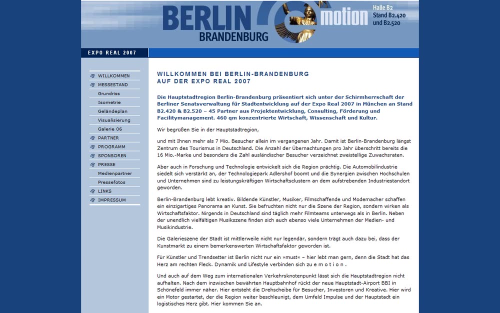 Screenshot 2: Internetauftritt zum Messestand der Länder Berlin und Brandenburg (Immobilienmesse EXPO REAL 2007).