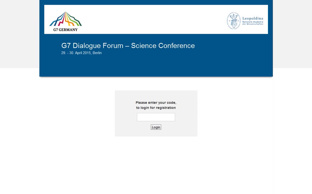 Screenshot 1: Microsite mit Registrierung für das G7 Dialogue Forum der Leopoldina