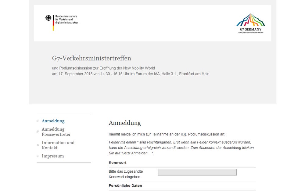 Screenshot 1: Website mit Registrierung und Datenmanagement für das G7-Verkehrsministertreffen (IAA 2015)