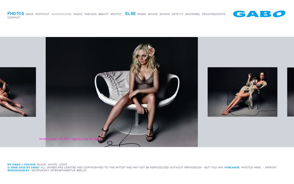Screenshot 1: Relaunch des Internetauftritts für die Star-Fotografin GABO 2008