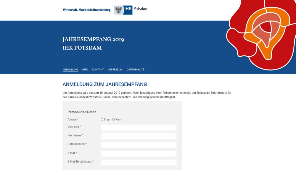 Microsite mit Registrierung zum Jahresempfang der IHK Potsdam 2019