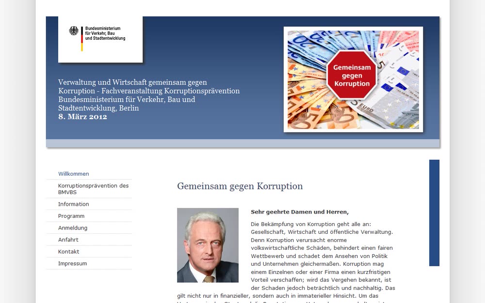 Screenshot 1: Internetauftritt mit Registrierung und Datenmanagement für die Fachveranstaltung Korruptionsprävention des BMVBS