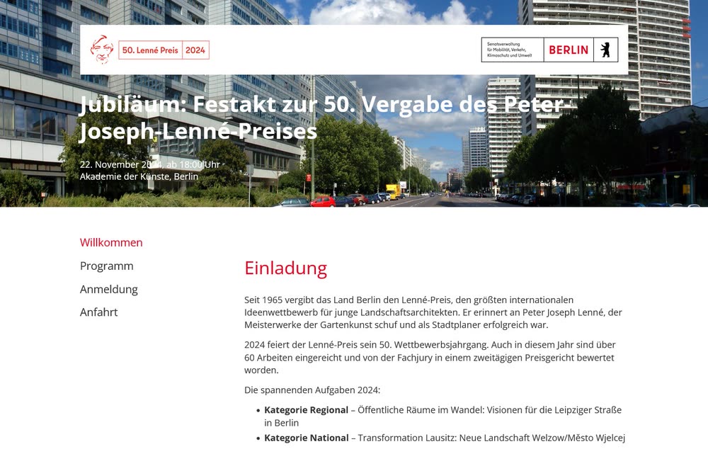 Screenshot 1: Website mit Anmeldetool für Lennè Veranstaltungen