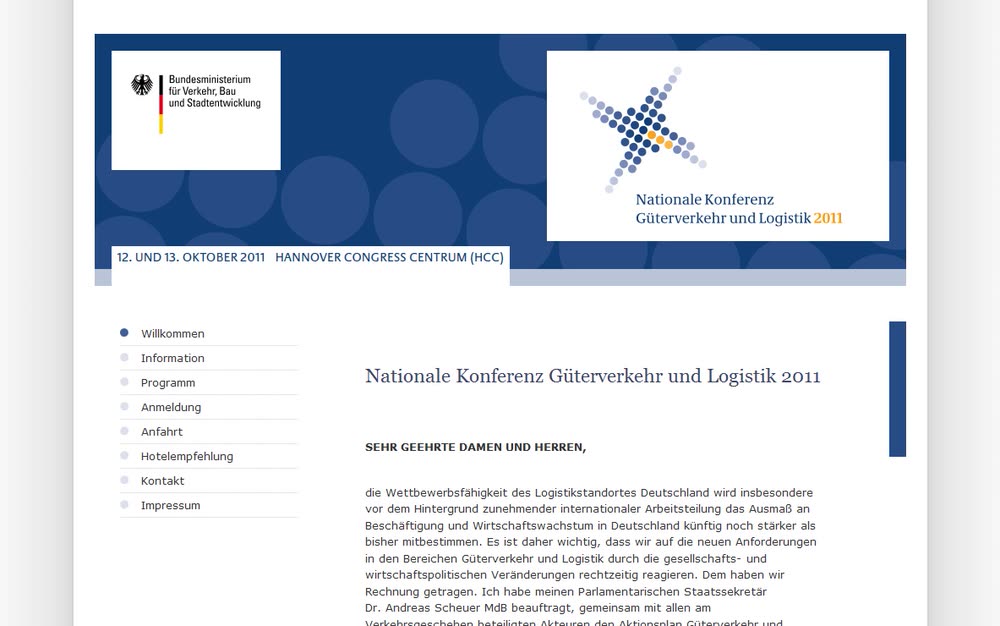 Screenshot 2: Webdesign, Internetauftritt und Online-Registrierung für die Logistikkonferenz des BMVBS