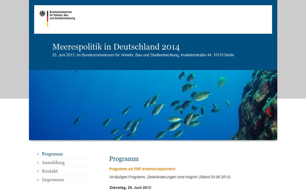 Screenshot 1: Microsite für die Konferenz Meerespolitik in Deutschland 2013 des BMVBS