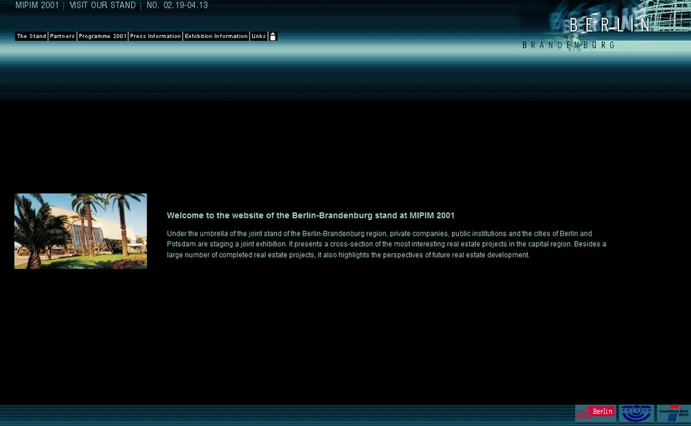 Screenshot 1: Internetauftritt zu einem Messestand der Länder Berlin und Brandenburg (Mipim 2001).