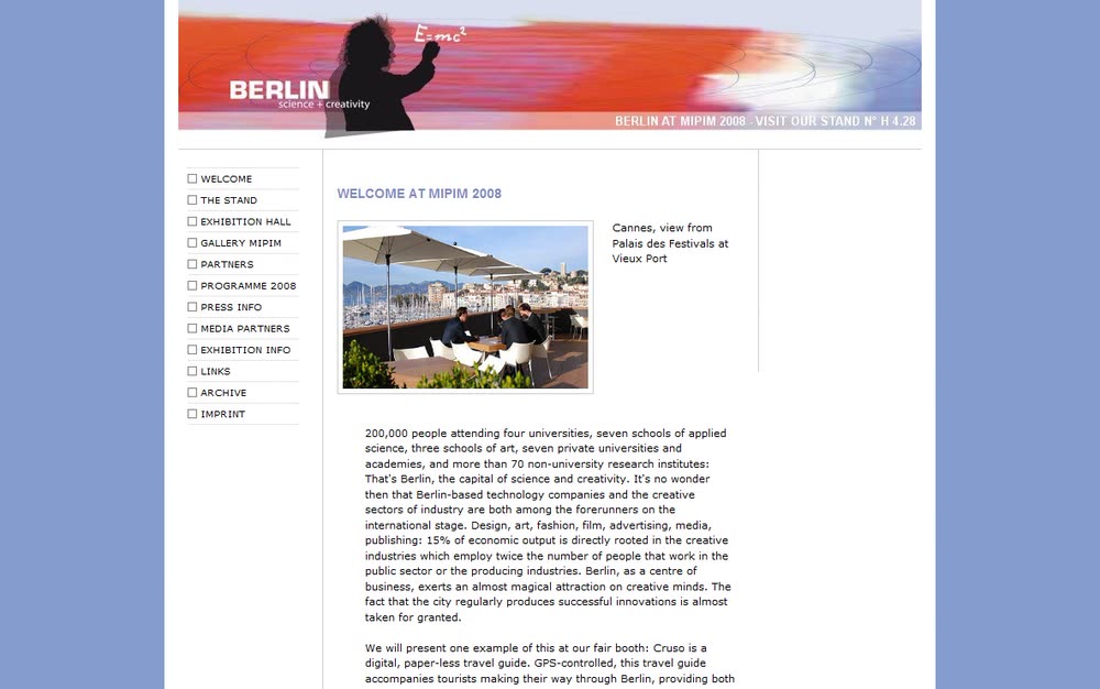 Screenshot 2: Internetauftritt zum Messestand Land Berlin (Immobilienmesse MIPIM 2008)