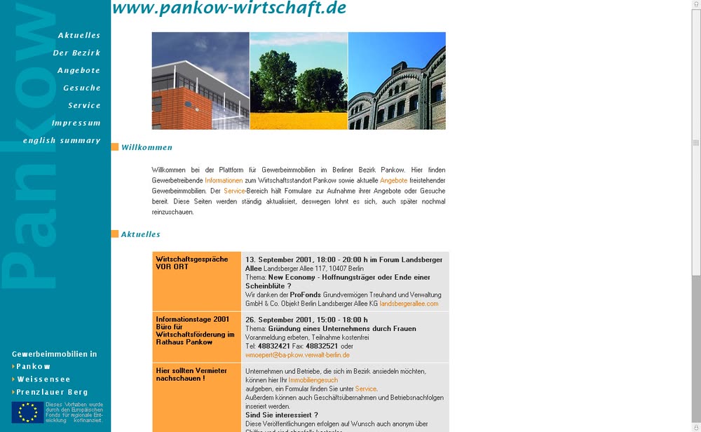 Screenshot 1: Internetauftritt zur Vermarktung von Gewerbeimmobilien im Bezirk Pankow