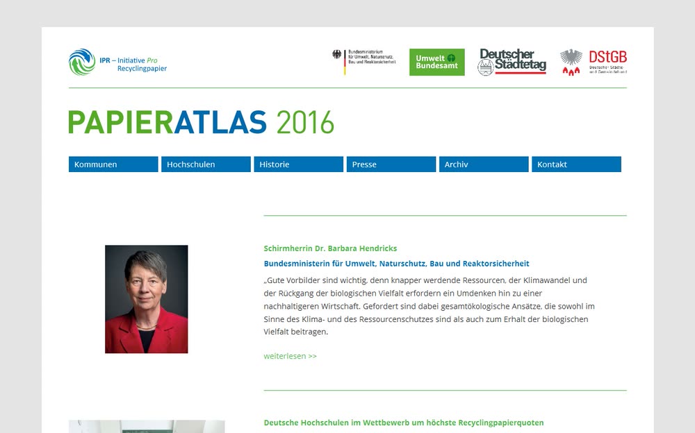 Screenshot 1: Relaunch der zentralen Wettbewerbsplattform papieratlas.de mit Wordpress als CMS