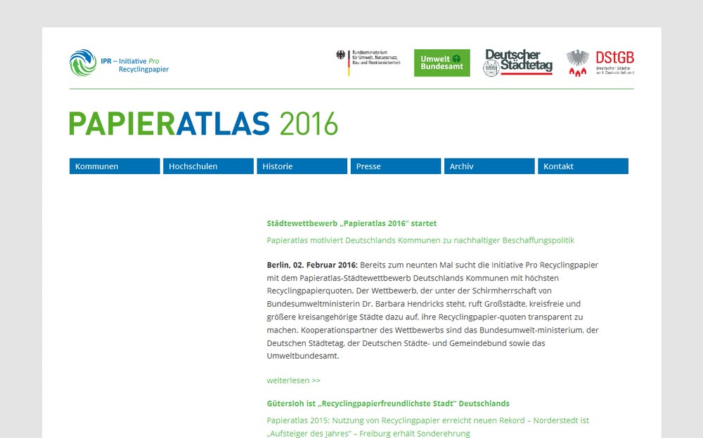 Screenshot 2: Relaunch der zentralen Wettbewerbsplattform papieratlas.de mit Wordpress als CMS