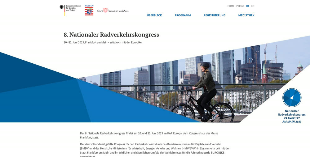 Screenshot 1: Website und Datenmanagement  für den Nationalen Radverkehrskongress des BMVI