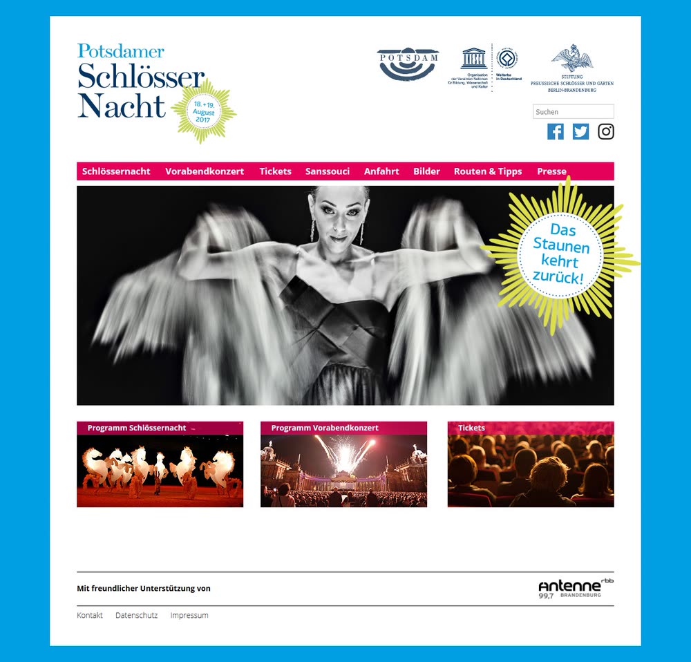 Screenshot 1: Relaunch und Betreuung Internetauftritt zur Potsdamer Schlössernacht