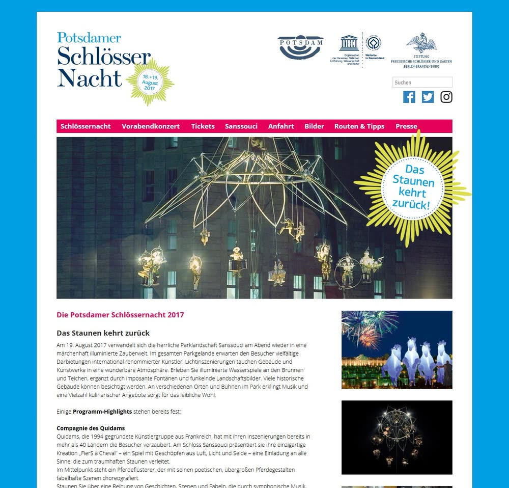 Screenshot 2: Relaunch und Betreuung Internetauftritt zur Potsdamer Schlössernacht