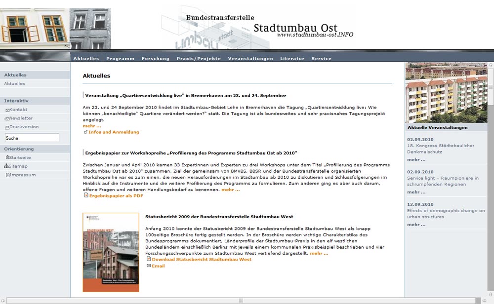 Screenshot 2: Internetportal für die Bundestransferstelle Stadtumbau Ost mit CMS