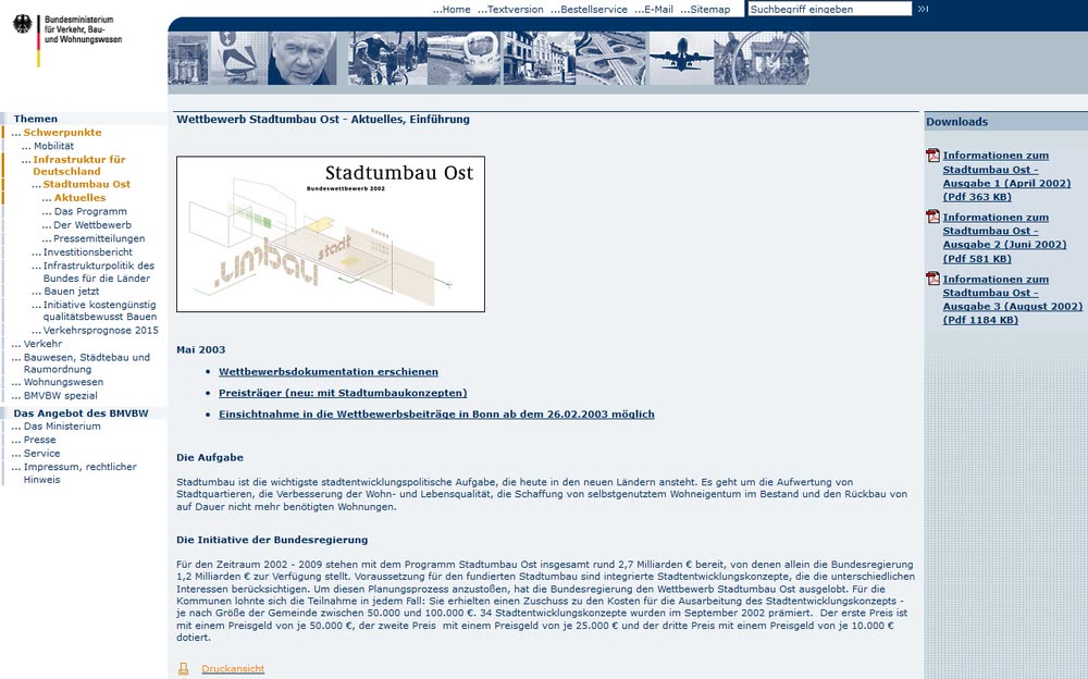 Projektportal auf der Website des BMVBW zum Bundeswettbewerb "Stadtumbau Ost"