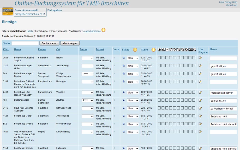 Screenshot 3: Online-Buchungssystem und Datenmanagement für touristische Anbieter im Land Brandenburg