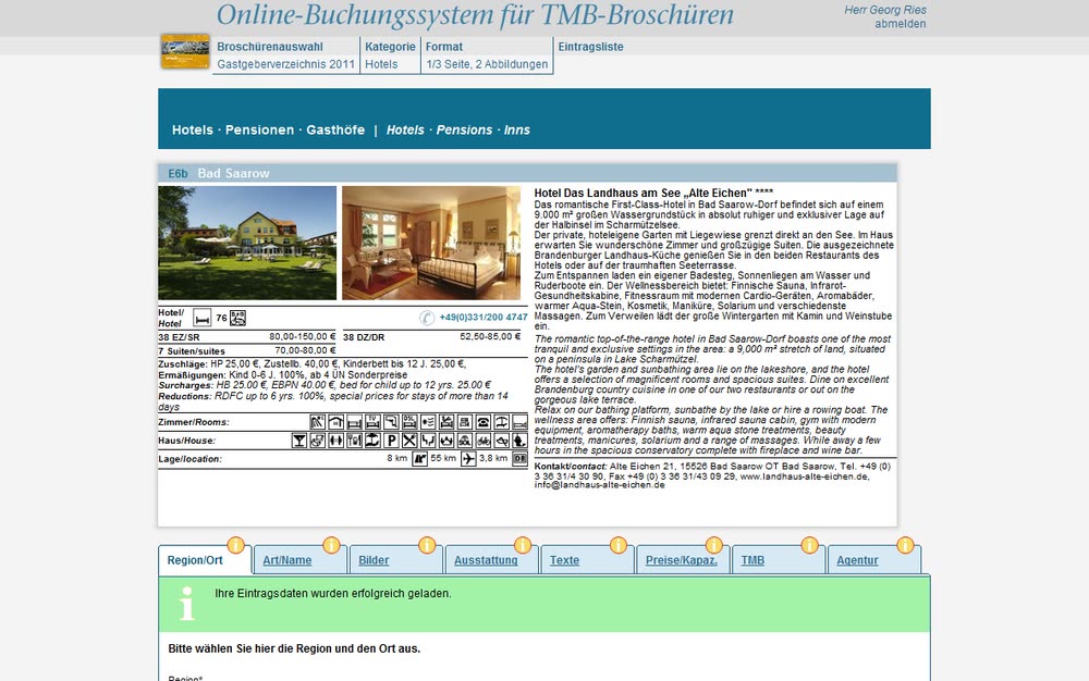 Screenshot 2: Online-Buchungssystem und Datenmanagement für touristische Anbieter im Land Brandenburg