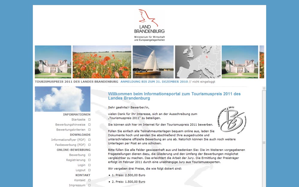 Screenshot 2: Internetportal für den Tourismuspreis Brandenburg mit Online-Datenmanagement