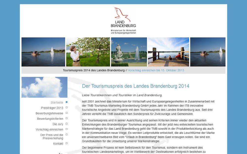 Screenshot 1: Internetportal für den Tourismuspreis Brandenburg mit Online-Datenmanagement