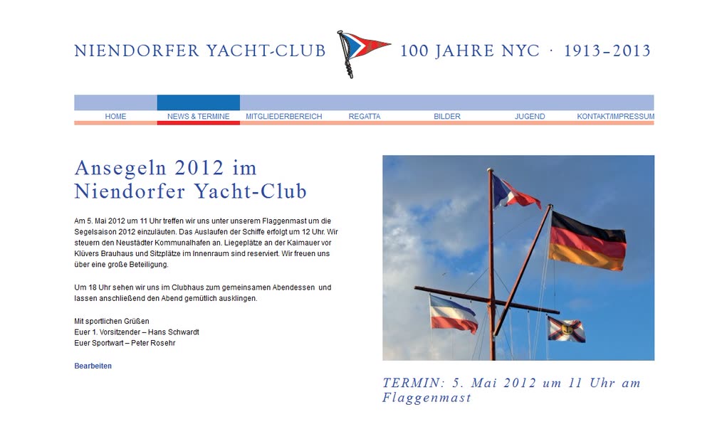 Screenshot 1: Internetauftritt mit CMS für einen Yachtclub